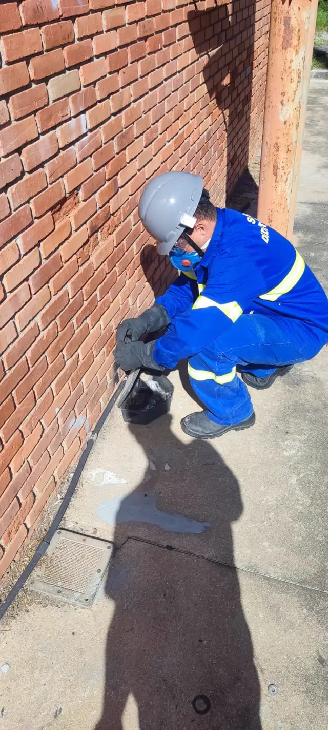 Técnico da Essencial Saúde Ambiental com EPI aplicando produto na base de um muro