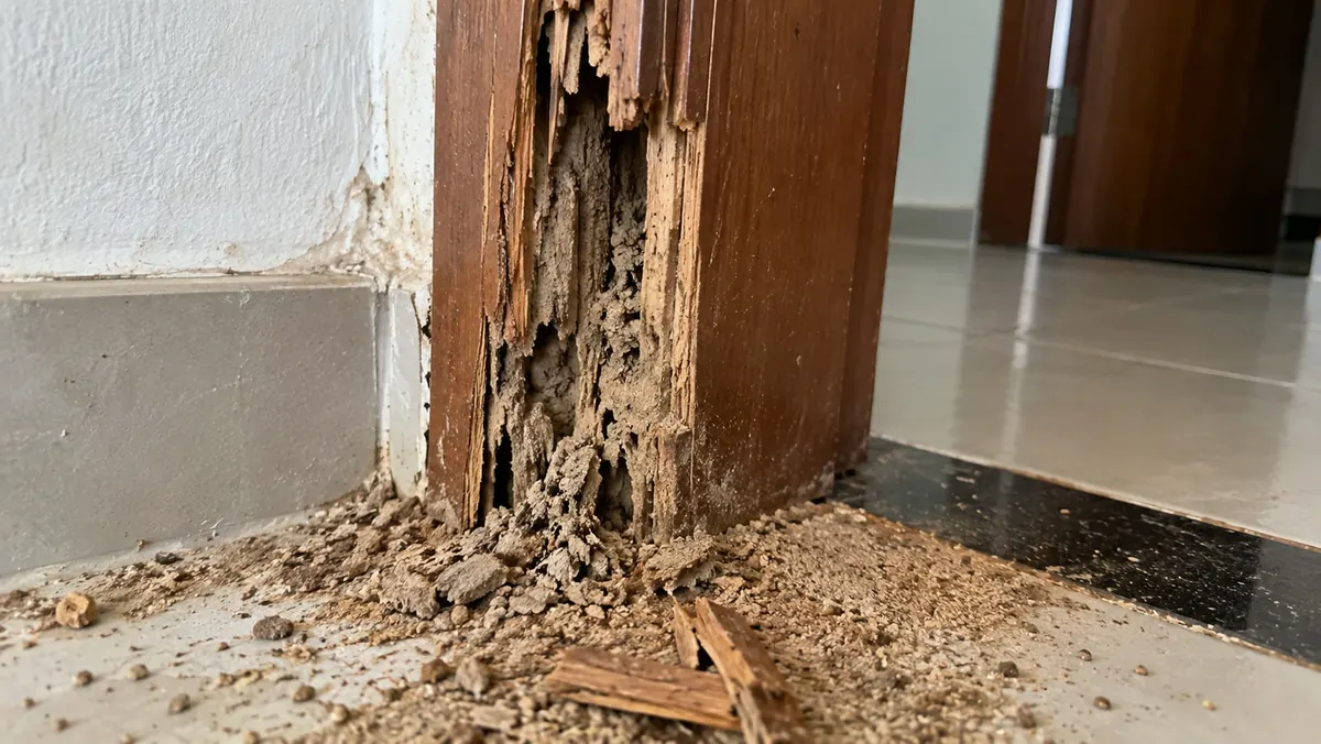 Batente e rodapé de madeira destruídos por cupim — dano estrutural que a Essencial identifica na inspeção técnica