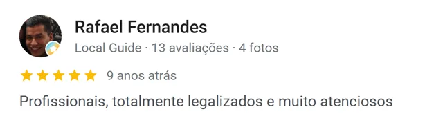 Avaliação de Rafael Fernandes no Google: profissionais, totalmente legalizados e atenciosos