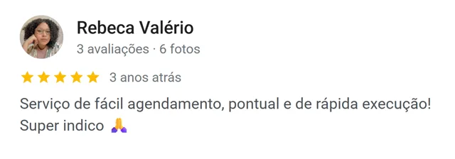 Avaliação de Rebeca Valério no Google: fácil agendamento, pontual e de rápida execução