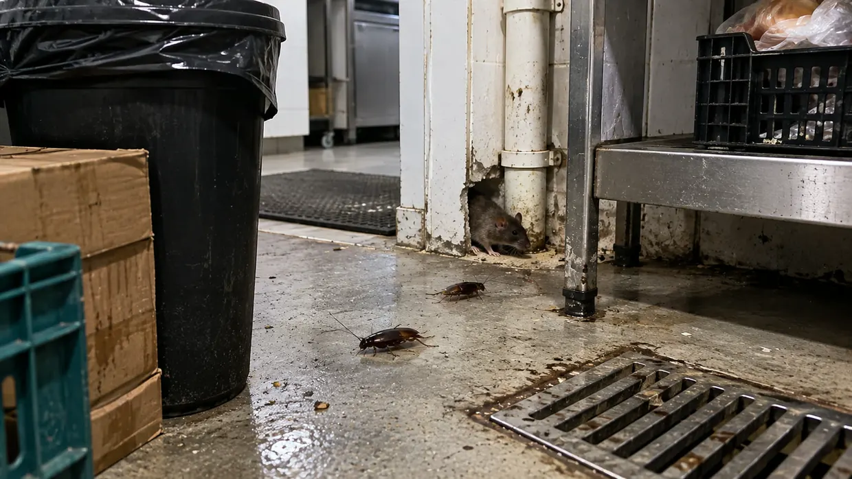 Rato e baratas em área de depósito comercial — pragas urbanas atendidas pela Essencial
